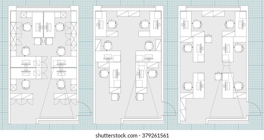 Standard Office Furniture Symbols Set Used In Architecture Plans, Office Planning Icon Set, Graphic Design Elements On Blueprint. Small Office Room - Top View Plans. Vector Isolated.