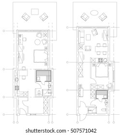Standard office furniture symbols set used in architecture plans, home planning icon set, graphic design elements. Small flat room - top view plans. Vector isolated .