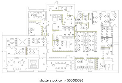 Standard office furniture symbols set used in architecture plans, office planning icon set, graphic design elements. Small Office room - top view plans. Vector isolated.