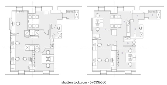 Standard office furniture symbols set used in architecture plans, office planning icon set, graphic design elements. Small Office room - top view plans. Vector isolated.