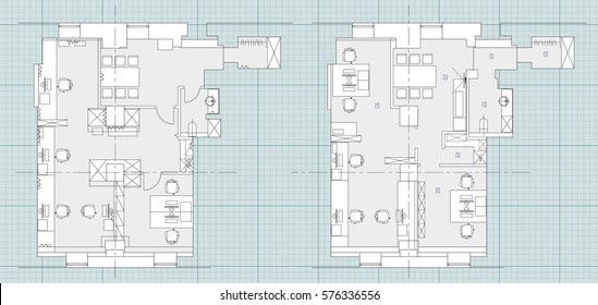 Standard office furniture symbols set used in architecture plans, office planning icon set, graphic design elements. Small Office room - top view plans. Vector isolated.Blueprint