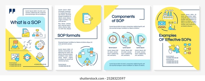 Standard operating procedure blue and yellow brochure template. Leaflet design with linear icons. Editable 4 vector layouts for presentation, annual reports