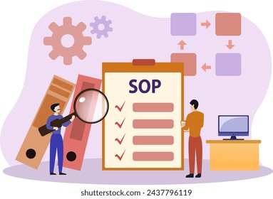 Ilustración vectorial del concepto del procedimiento de operación estándar, sop es una guía para asegurarse de que el trabajo se hace correctamente, industria y tecnología