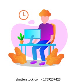 Standard operating procedure. Man working on laptop in the office at the workplace. Male character sitting at the table. Work on the PC. Vector illustration in a flat cartoon style.