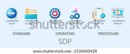 Standard Operating Procedure SOP banner with icons. ISO9001, documentation, process, implementation, instructions, workflow. Business concept. Web vector infographic in 3D style