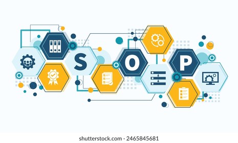 Procedimiento operativo estándar - concepto de negocio SOP. Instrucciones para ayudar al empleado en operaciones rutinarias complejas. SOP Anuncio de Web con iconos Ilustración vectorial infografía diseño plano.