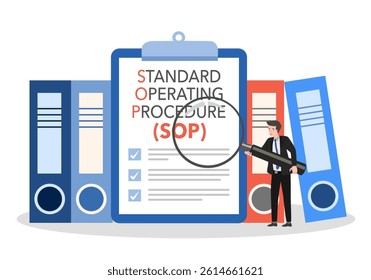 Standard Operating Procedure or SOP, employee is checking written instructions step by step compiled by organization to perform routine activity properly