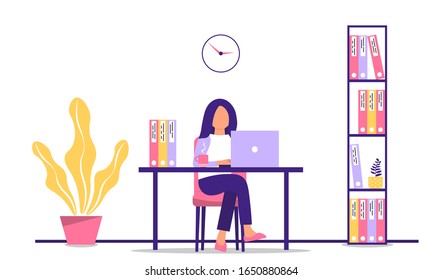 Standard Operating Procedure. Woman Working On Laptop In The Office At The Workplace. Female Character Sitting At The Table. Work On The PC. Vector Illustration In A Flat Cartoon Style.