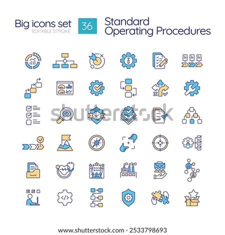 Standard operating procedures RGB color icons set. Documentation organization, efficiency monitoring. Isolated vector illustrations. Simple filled line drawings collection. Editable stroke