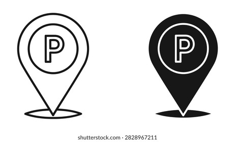 A standard parking icon featuring a location pin with the letter P inside. This vector graphic is clear and recognizable suitable for navigation apps city signage parking facility indicators and transit maps.
