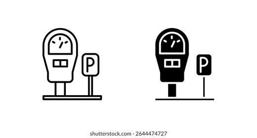 Standard parking meter icon set for urban areas, city streets, and vehicle parking. Useful for traffic management and public services.