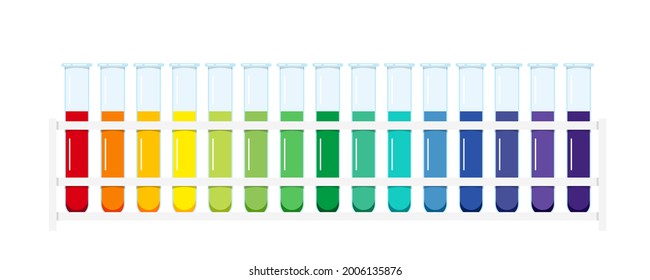 Standard PH Chart Aqueous Solution In Glass Test Tubes In Lab Rack Isolated On White Background. Liquid Color Matching With The Universal Chemical Litmus  Indicator. Flat Design Vector Illustration.