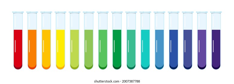 Standard pH chart aqueous solution in glass test tubes isolated on white background. Liquid color matching with the universal chemical litmus  indicator. Flat vector illustration of acid base balance 