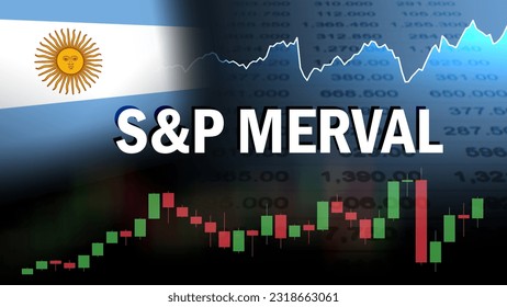 Standard and Poor's MERVAL, the major stock market index of Argentina. Trading screen background. Candlestick pattern, Price line, Price quotation, and Argentina flag.