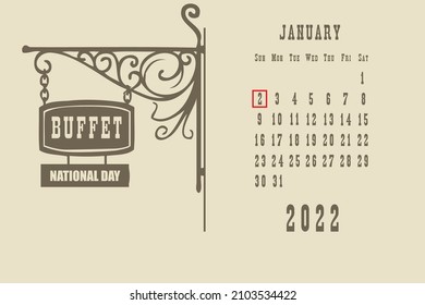 Página de postales estándar con fecha calendario enero de 2022 - Día Nacional del Bufé