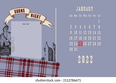 Standard postcard page with calendar dates January 2022 - Burns Night
