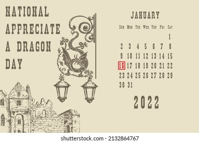 Página de postales estándar con fechas del calendario enero de 2022 - Día nacional de apreciación de un dragón