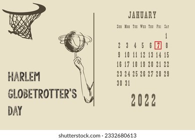 Standard postcard page with calendar dates January 2022 - Harlem Globetrotter Day