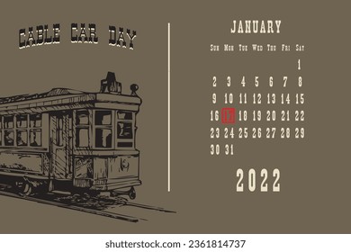 Standardpostkartenseite mit Kalenderdaten Januar 2022 - Cable Car Day
