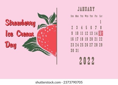 Standard postcard page with calendar dates January 2022 - National Strawberry Ice Cream Day