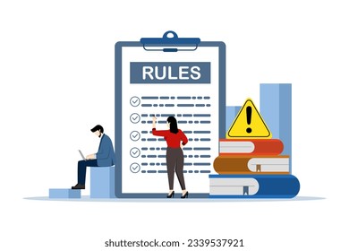 standard procedure concept. Rules and regulations, employee policies and guidelines, statutory provisions, company compliance or laws, Entrepreneurs study rule lists, read guides, create checklists