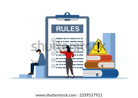 standard procedure concept. Rules and regulations, employee policies and guidelines, statutory provisions, company compliance or laws, Entrepreneurs study rule lists, read guides, create checklists