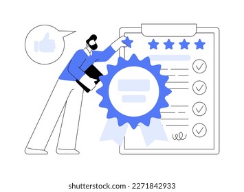 Estándar para el control de calidad de la ilustración abstracta del vector de concepto. Control estándar de calidad, certificación internacional, pruebas de materiales, servicio científico, requisitos metáforas abstractas.