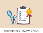 Standard, quality control or certified approval, corporate policy or compliance, guarantee checklist document, assurance concept, businessman hold magnifying glass with standard QC badge document.