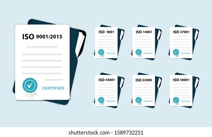 Standard for quality control. ISO icon. Certified ISO Documents set.