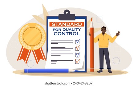 Standard for quality control. Man with pencil near checklist with golden medal. Assesment of goods and products, inspection. Cartoon flat vector illustration isolated on white background