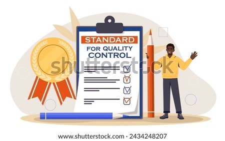 Standard for quality control. Man with pencil near checklist with golden medal. Assesment of goods and products, inspection. Cartoon flat vector illustration isolated on white background