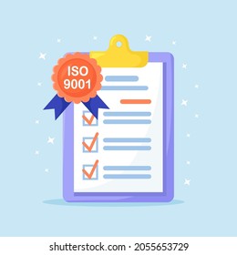 Standard for quality control. Quality management system checklist in clipboard. Certified ISO 9001 Documents. International certification concept. Vector illustration