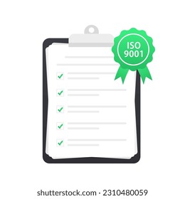 Standard for quality control. Quality management system checklist in clipboard. Certified ISO 9001 Documents. International certification concept. Vector illustration