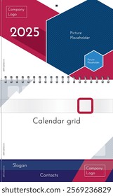 Standard quarterly wall calendar on spring template and mockup with red plastic date pointer window. Three blocks of header, calendar and footer. Vector illustration