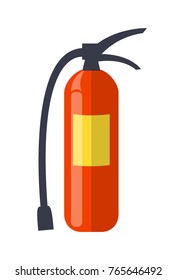 Standard red fire extinguisher with yellow instruction tag on cylinder with black levers, hose and nozzle isolated vector illustration on white