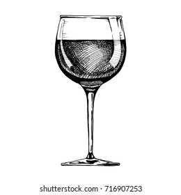 Standard red wine glass. Vector illustration of stemware in ink hand drawn style. isolated on white.