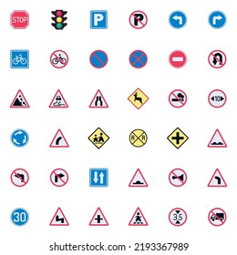 Standard road signs collection, traffic sign flat icons set, Colorful symbols pack contains - cycling track, no entry, speed limit, pedestrian crossroad. Vector illustration. Flat style design