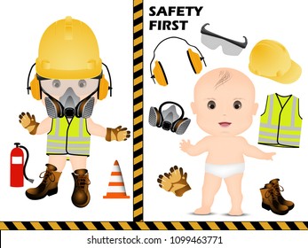 Standard safety protective equipment to health with in the industrial and construction work for vector illustration,glove,vest reflect light,mask,helmet,ear muff,shoe,helmet and glove icon for vector