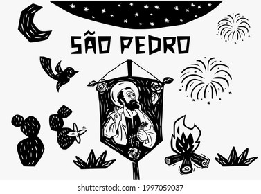 Standard of Saint Peter in woodcut and Cordel style. For June and July parties. Bonfire and fireworks.