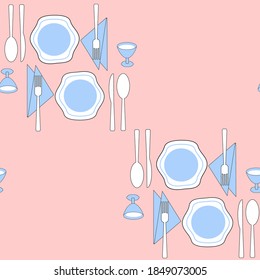 Standard serving of kitchen utensils on the table, seamless pattern