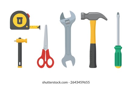 Standard Set of Home Repair and DIY Hand Tools. a measuring tape, a small tack hammer, a pair of red-handled scissors, an adjustable wrench, a traditional claw hammer, and a Phillips head screwdriver.