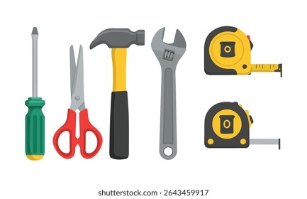 Standard Set of Home Repair and DIY Hand Tools. a measuring tape, a small tack hammer, a pair of red-handled scissors, an adjustable wrench, a traditional claw hammer, and a Phillips head screwdriver.