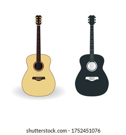 Standard six string acoustic guitar. Musical instrument, shape, vector illustration.