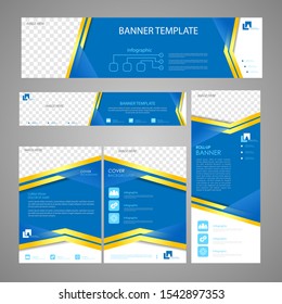 standard size banner set. blue abstract gradients and gold color stripes. collection of templates with places for photos. cover. layout. flyer. eps 10