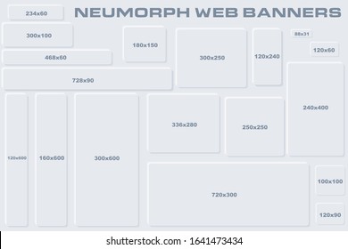 Standard Size Neumorphic UI Web Banners Templates. Skeuomorph Trend Design. Editable Vector Elements.