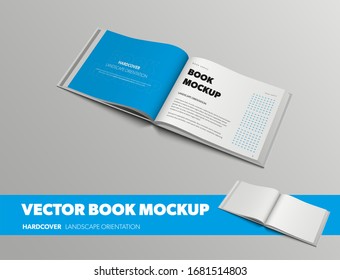 Standard size open book template with abstract pattern, with blue page, landscape orientation, isolated on gray background. Mockup of vector object with hardcover for design presentation.