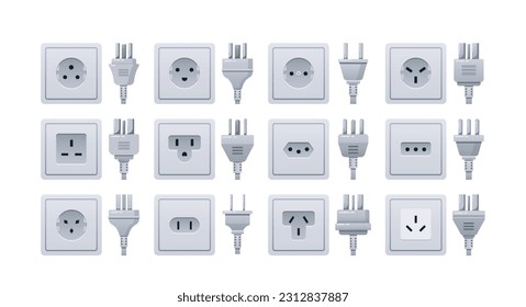 Standard Socket Plugs Including Type A, Type C And Type G. Different Shapes And Prong Configurations Vector Illustration