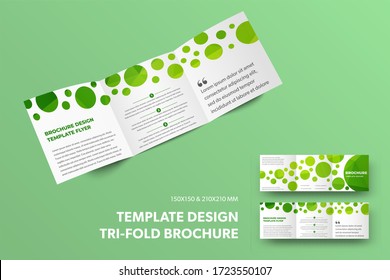 Standard square trifold template with circles and abstract pattern, brochure with description for business, isolated on background. Presentation of a set of booklets with design, front and rear view