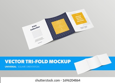 Standard square vector booklet template, with realistic shadows, back view, isolated on background. Mockup open blank business brochure for presentation design. Tri-fold layout with abstract pattern