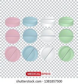 Standard tablets and pills vector set isolated on transparent background